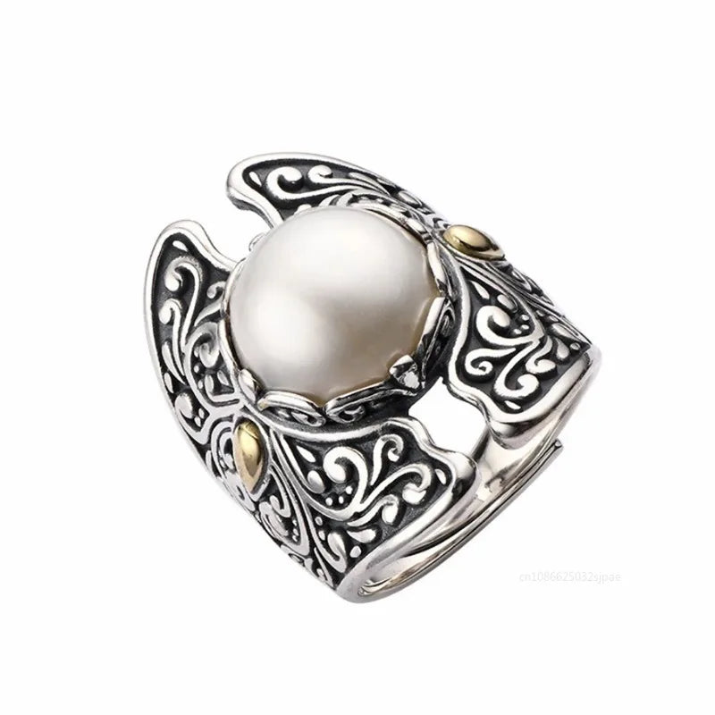 Bague Ajustable Perle Creuse Sculptée — Bijoux de Mariée Vintage