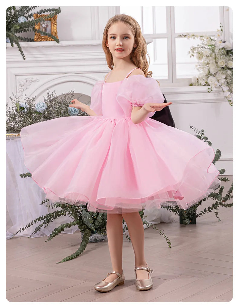 Robe gothique noire pour bébé fille de 4 à 8 ans, pour occasions formelles, manches bouffantes, robe de princesse pour fête d'anniversaire d'enfants avec nœud rose élégant