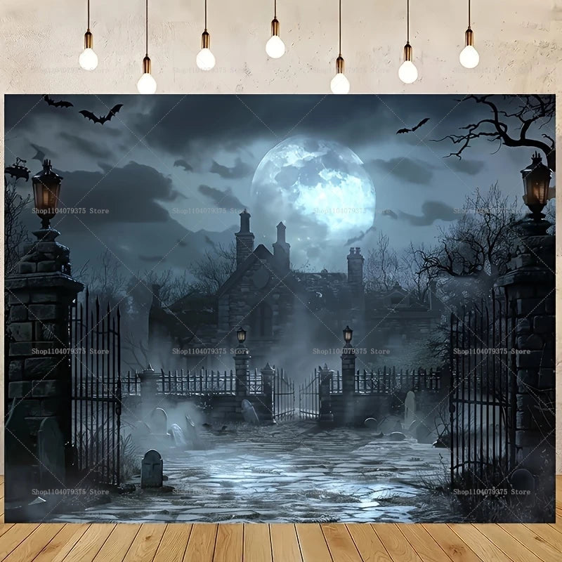 Château de style gothique Escalier Croix Photographie Fond Photo Décoration Fournitures Halloween Fête de famille Bannière de célébration