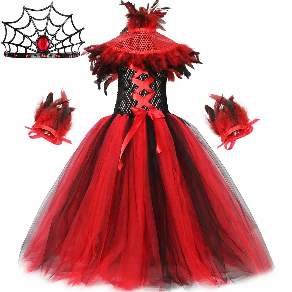 Robe Tutu en Tulle Reine Maléfique Sorcière Vampire Démon Gothique pour Filles, Robe Longue de Fête de Carnaval d'Halloween pour Enfants, Tenues de Déguisement