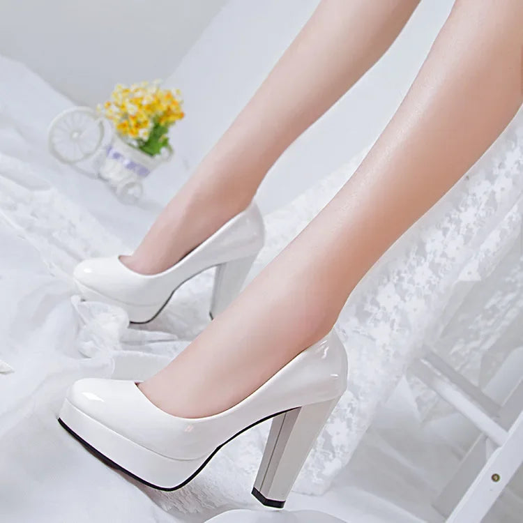 Chaussures à talons hauts pour femmes, chaussures de mariage blanches, talons épais de 10 cm, escarpins de soirée mode, chaussures noires rouges à bout rond Zapatos De Mujer