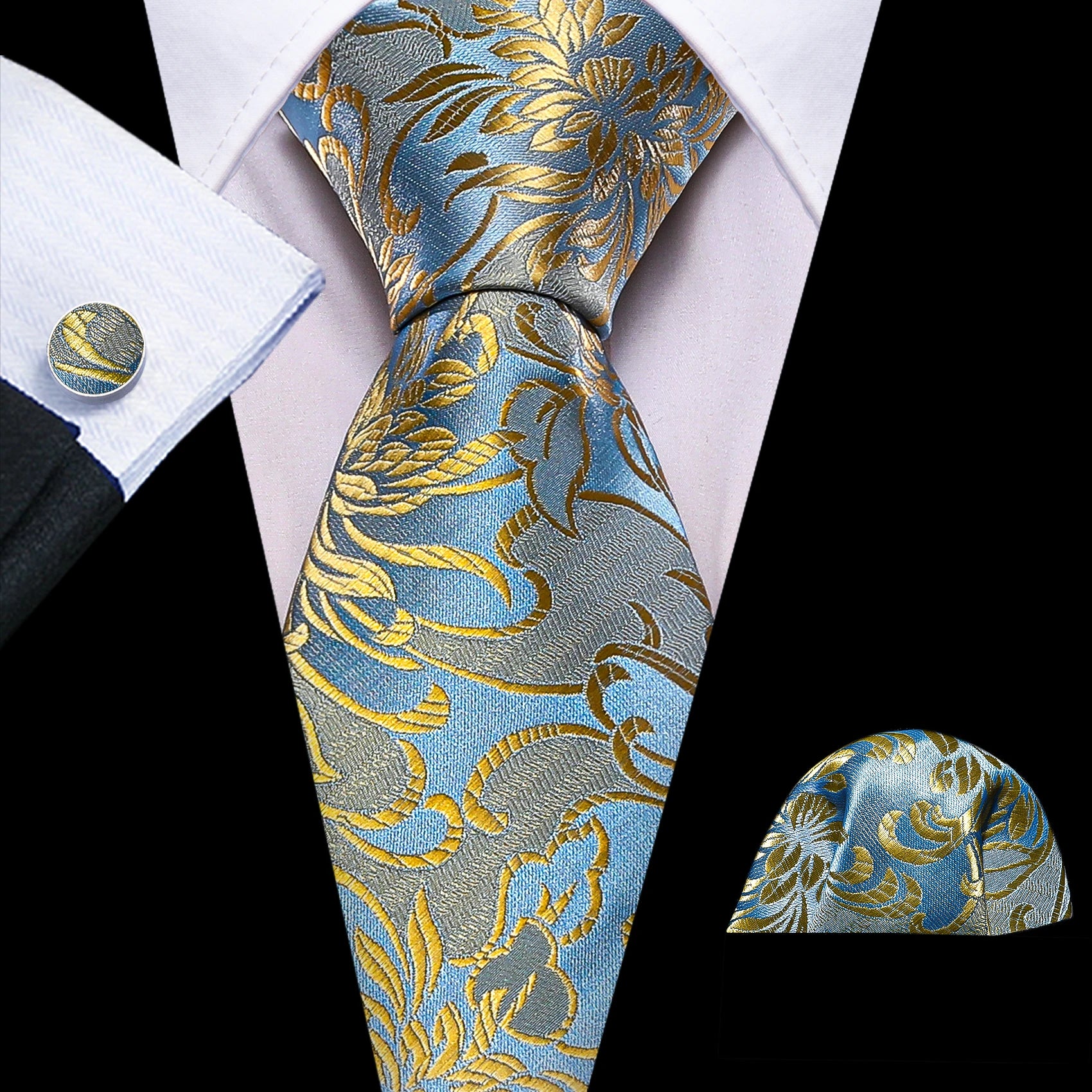 Barry.Wang Cravate Jacquard Or et Jaune pour Homme avec Mouchoir de Poche et Boutons de Manchette, Cravate Exquise pour Mariage et Affaires