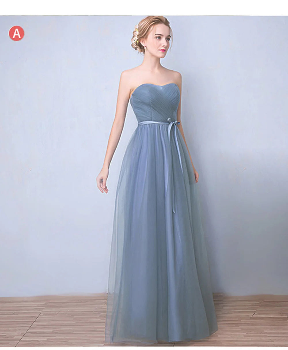 Élégante Robe de Demoiselle d'honneur Gris Bleu Simple 4 styles sans Manches Femme Classique Tulle Ceinture Satin Lacets Nœud Robe de Bal Ligne A