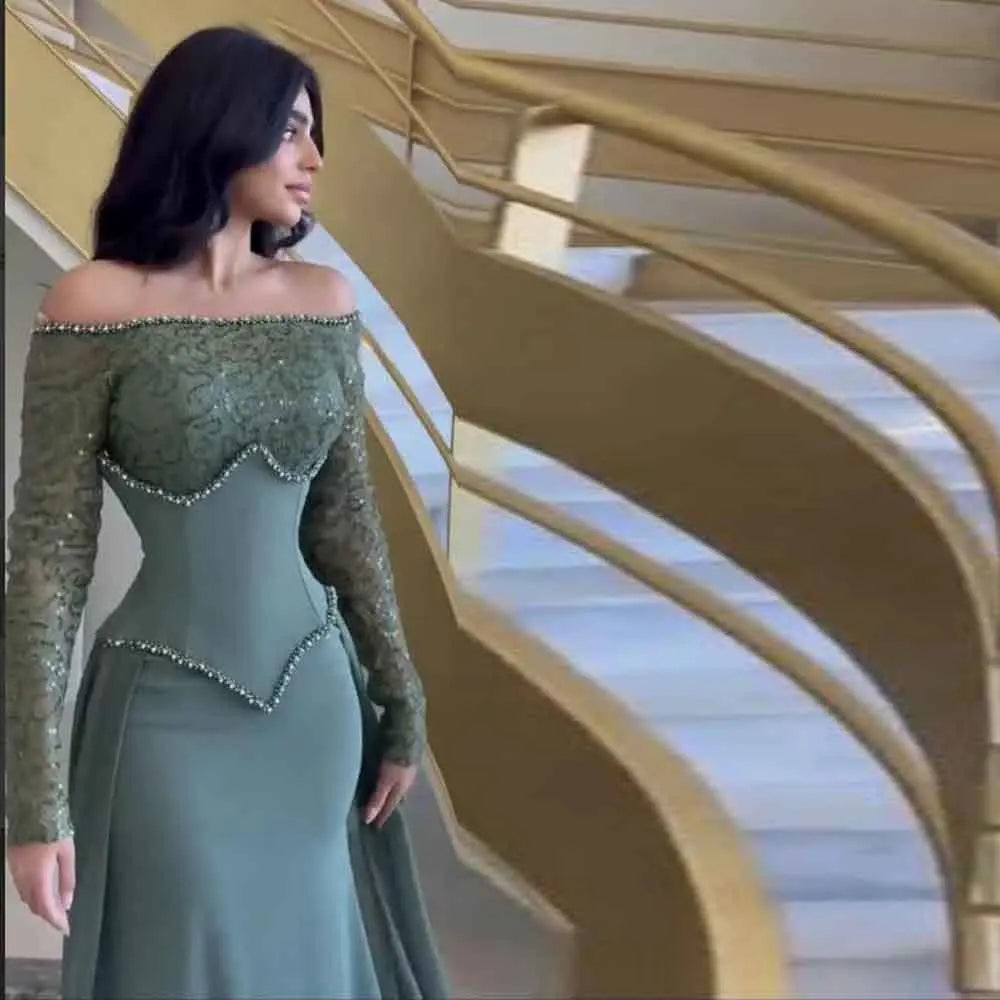Robe de soirée corset personnalisée avec surjupe, épaules dénudées, manches longues, robe de bal pour invitée de mariage, tenue de soirée pour le bal de promo
