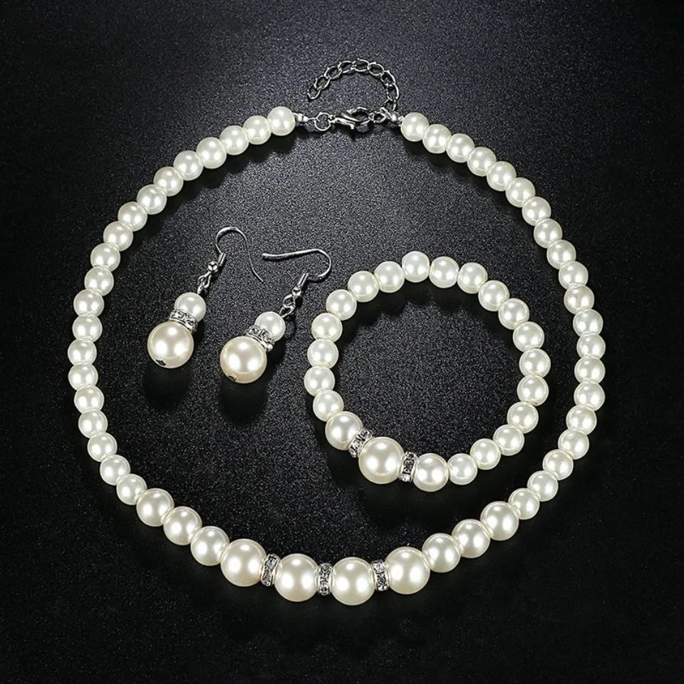 Parure de mariée 3 pièces perles et cristaux — collier, bracelet et boucles d'oreilles