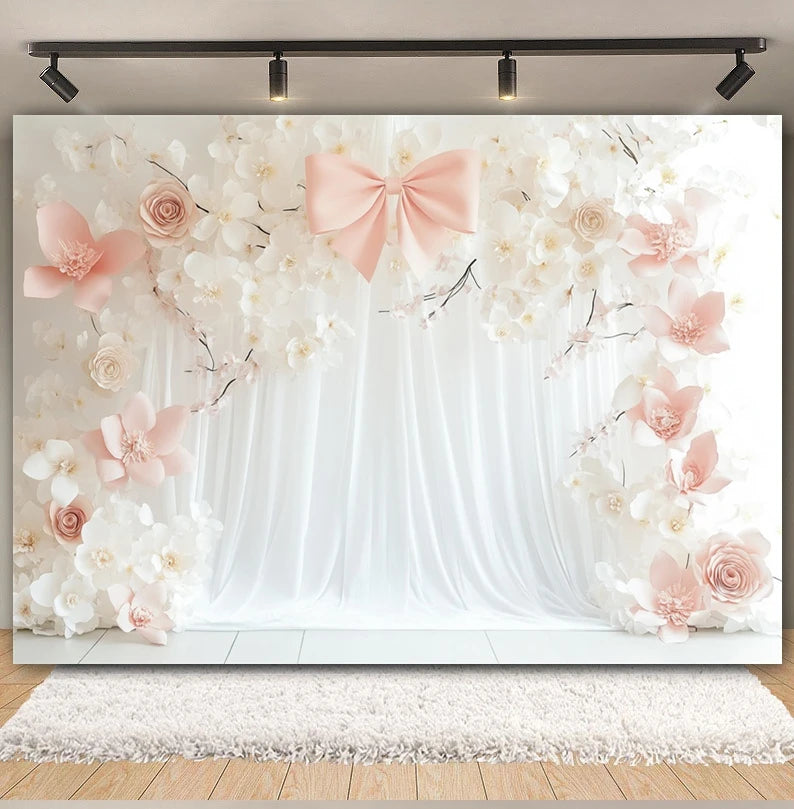Toile de fond de fête pour photographie, motif mariage, fleur rose, palais, mur blanc, pour fête prénuptiale, décor de portrait de mariage, arrière-plan photo