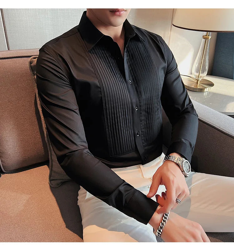 Men's Pleated Tuxedo Dress Shirt – Slim Fit Groom & Groomsmen Wedding Shirt