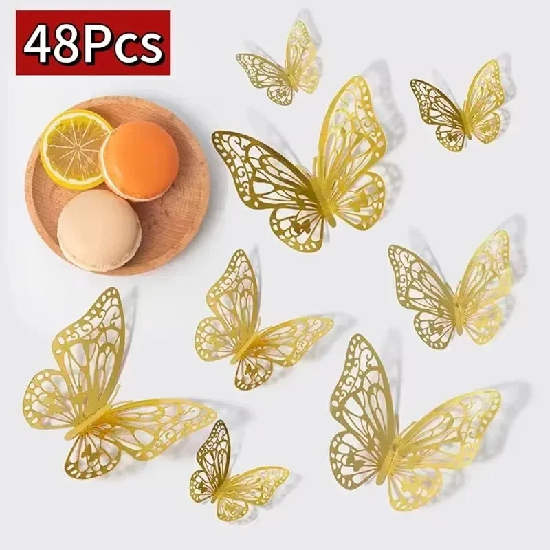 48 autocollants muraux papillons creux dorés et argentés, papillons 3D, pour chambre à coucher, salon, décoration de maison, applique, décoration de mariage