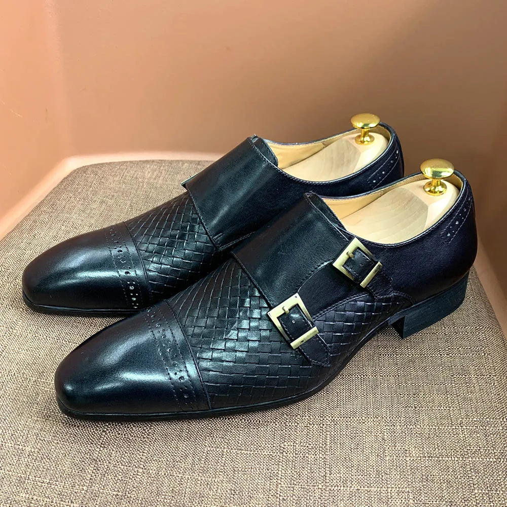 Classic Mens Dress Shoes Genuine Leather Double Buckle Monk Strap Cap Toe Blue Black Wedding Business Formal Suit Shoes for Men