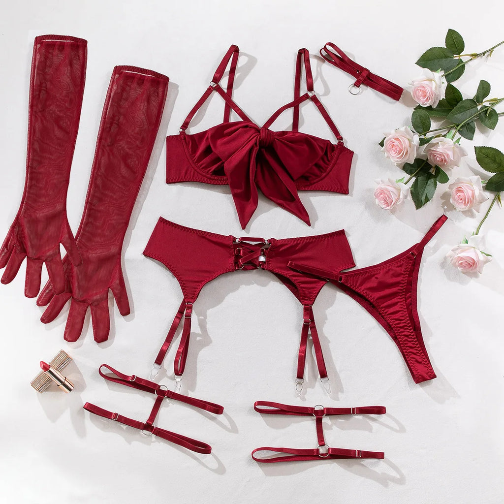 Ensemble de lingerie Ellolace Nœud Papillon Soutien-gorge Ouvert en Soie Sous-vêtements Sissy Bilizna Non Censurée Pornographie Sensuelle Intime Jarretière Strings Tenues Sexy