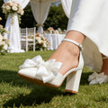 New Leather Solid Snow White Wedding Banquet Ball Thick Heel Pointed Hollow High Quality BowKnot High Heel Sexy Women's Shoes