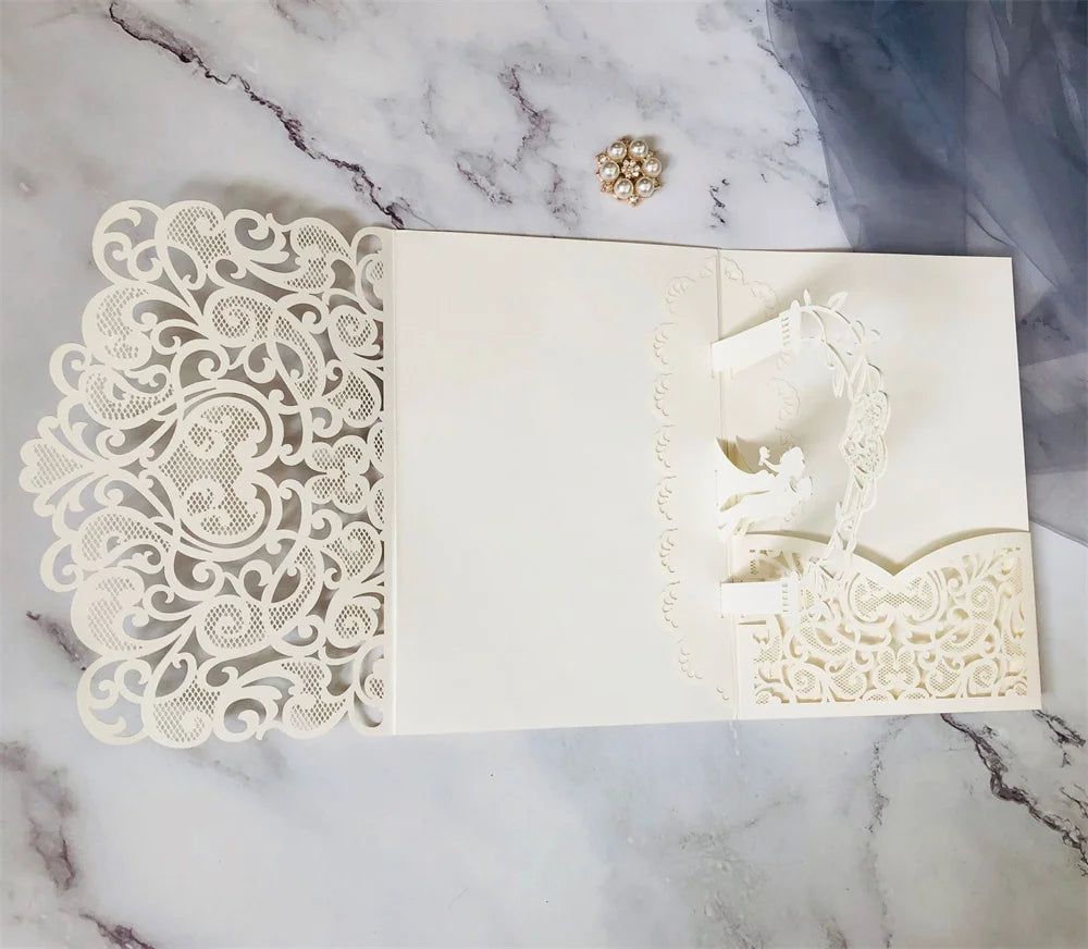 6 Pièces/Lot 3D Pop Up Mariés Ivoire Carte d'invitation de mariage Laser Poche Florale Douche nuptiale Invitations de fiançailles