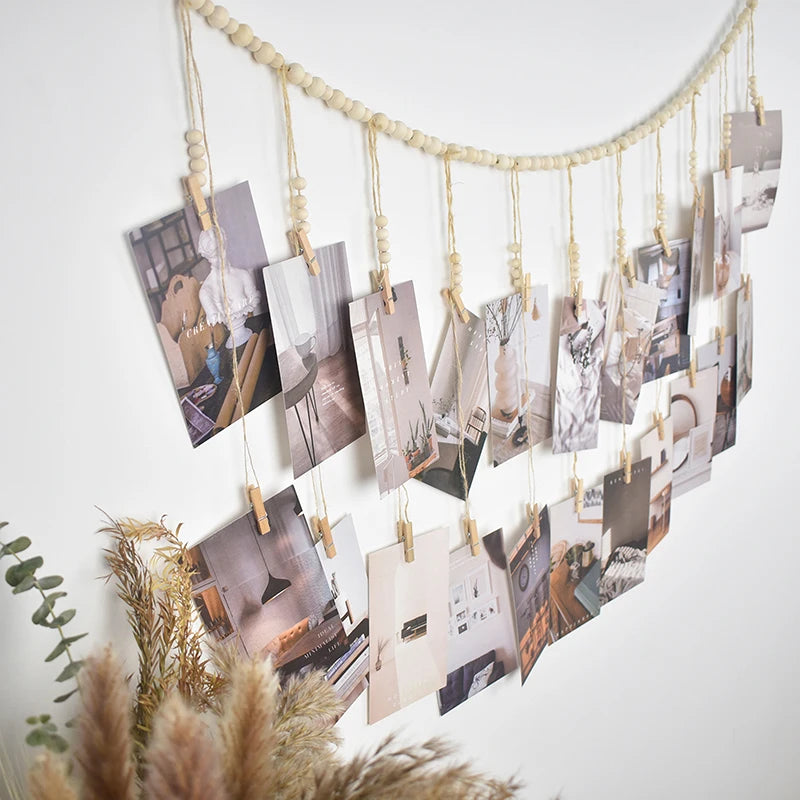 Décoration Murale Accrochable Photo, Décoration Bohème pour la Maison, Perles en Bois, Tapisserie Macramé Murale, Décoration de Chambre Esthétique, Cadeau