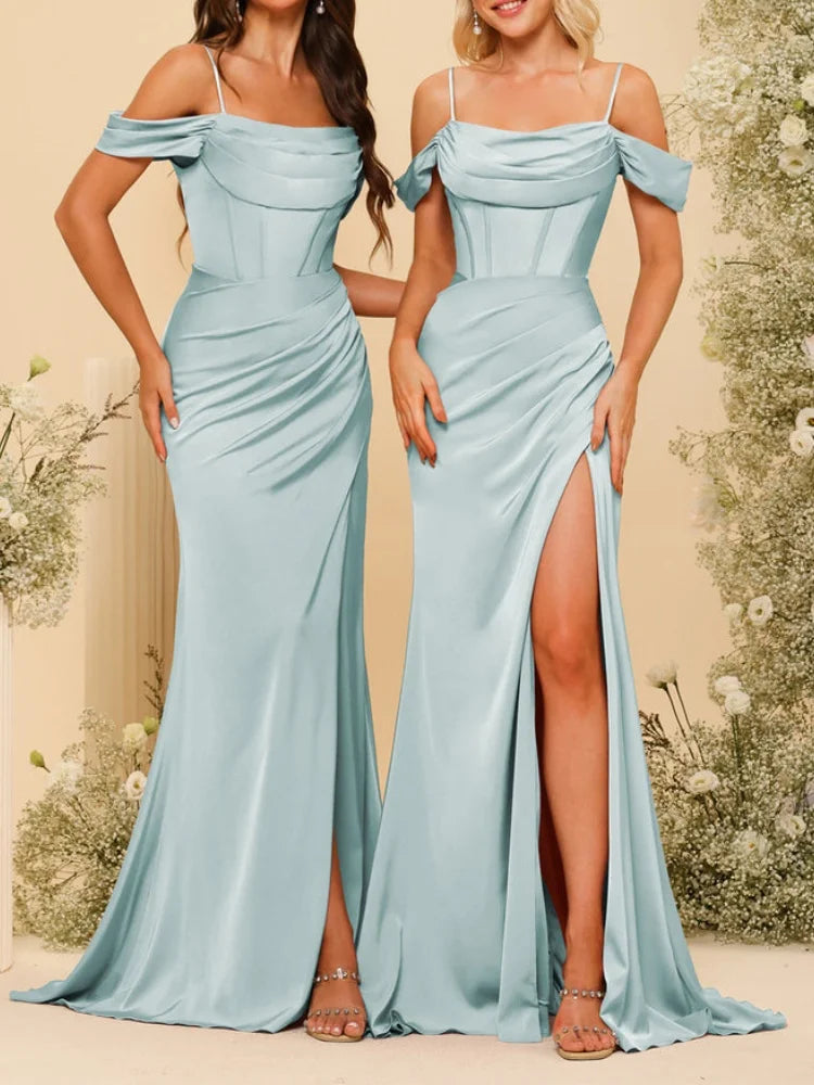 Robes longues de demoiselle d'honneur en satin à fines bretelles, épaules dénudées, fente latérale et drapé, robes de soirée élégantes sans dos