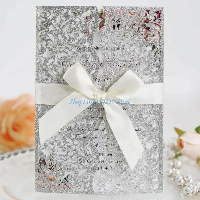 20 cartes d'invitation à paillettes creuses avec enveloppes et ruban pour mariage, Saint-Valentin, fête prénuptiale, fournitures de fête