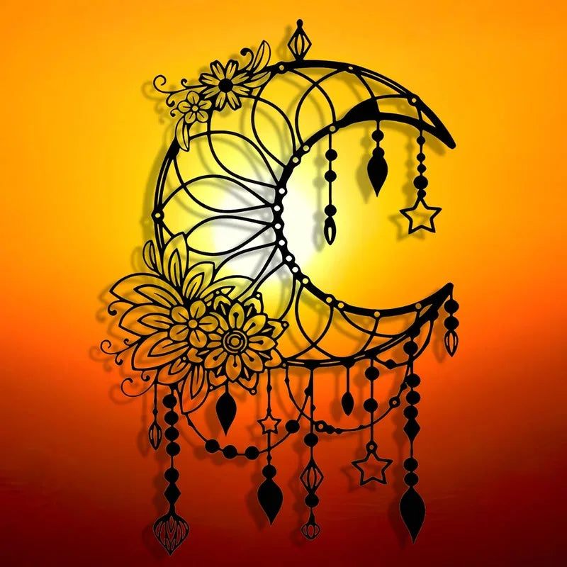 Elegant Gothic Moon & Flower Metal Wall Art Modern Craft Hanging Ornament for Living Room Decor