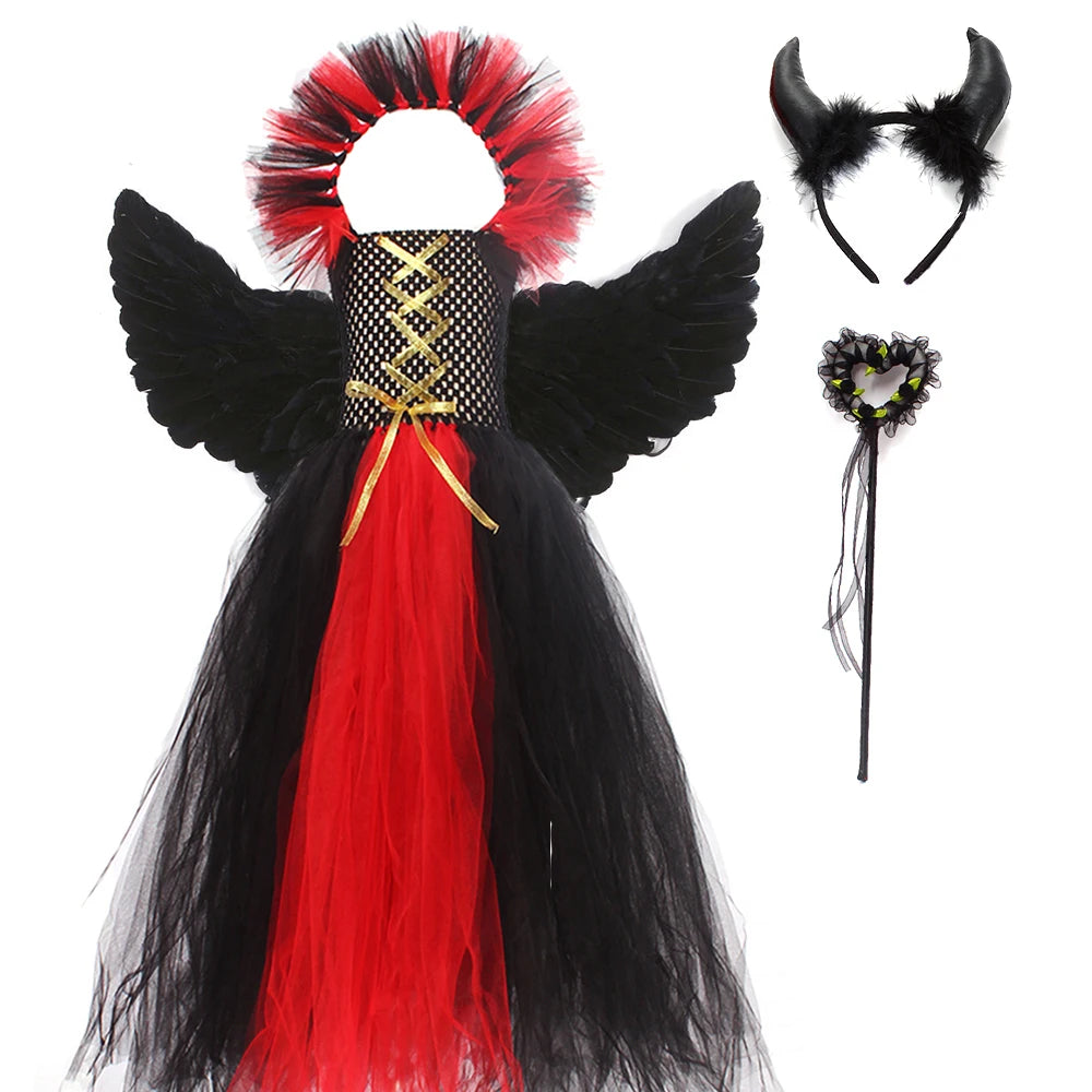 Costume de petite fille vampire gothique Robe de reine maléfique Tutu pour Halloween Fête cosplay Vêtements pour enfants Déguisement