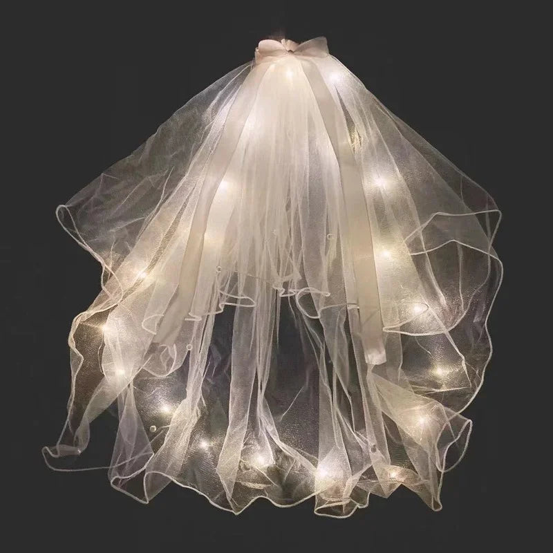 Voile mignon Cheveux Lumineux Fée Ruban Nœud Couronne Lampe LED Mariage Fournitures de Fête Maquillage Fille
