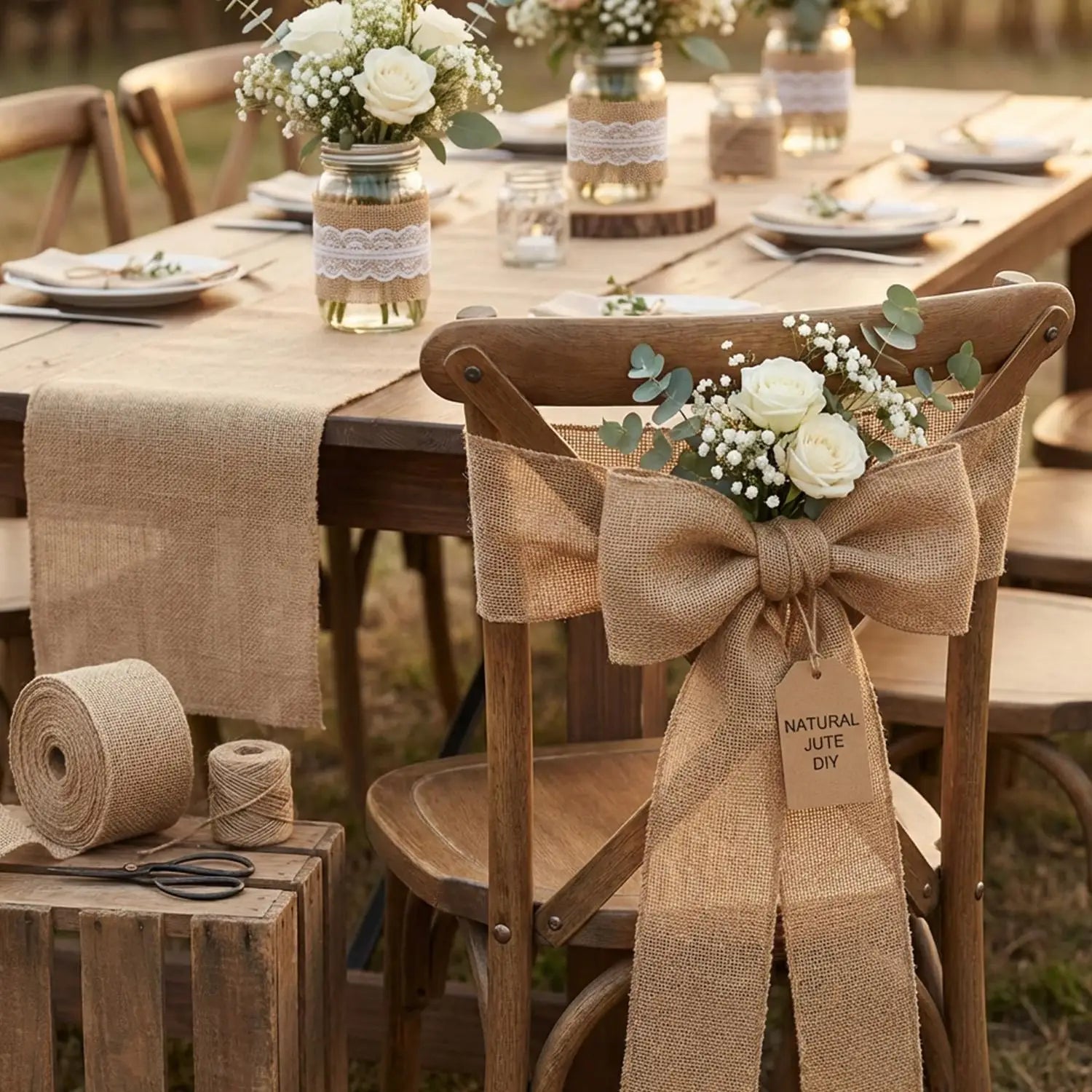 Jute Burlap Ribbon Roll DIY Handmade Craft Supplies for Wedding Decor Gift Wrapping Flower Bouquets Table Garland Party DIY