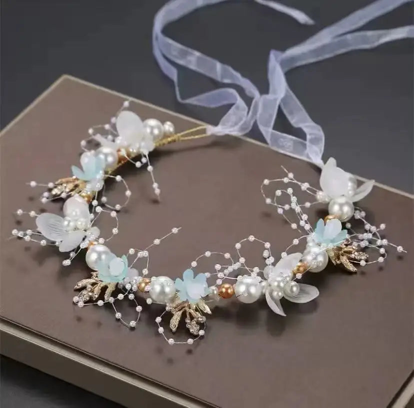 Accessoire de mariage Couronne de mariée Bijoux de cheveux en cristal Tiare avec perles Fleurs Couronne de mariage Bandeau floral de mariée avec perles