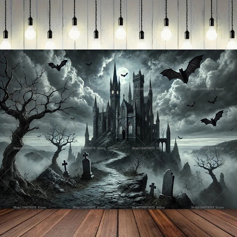 Château de style gothique Escalier Croix Photographie Fond Photo Décoration Fournitures Halloween Fête de famille Bannière de célébration
