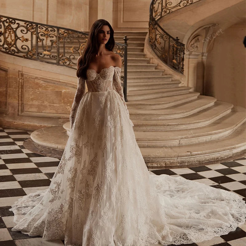 Robe de mariée vintage en organza avec broderie dentelle, coupe trapèze, manches longues, épaules dénudées, personnalisée (Vestido De Novia)