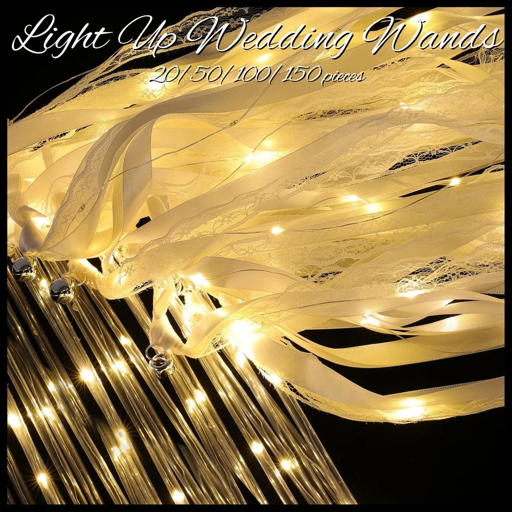 20-60Pcs Light up Wedding Wands LED Ribbon Wands Sparklers with Bells, Wedding Exit Send Off, Dance Floor Props, Wedding Favors