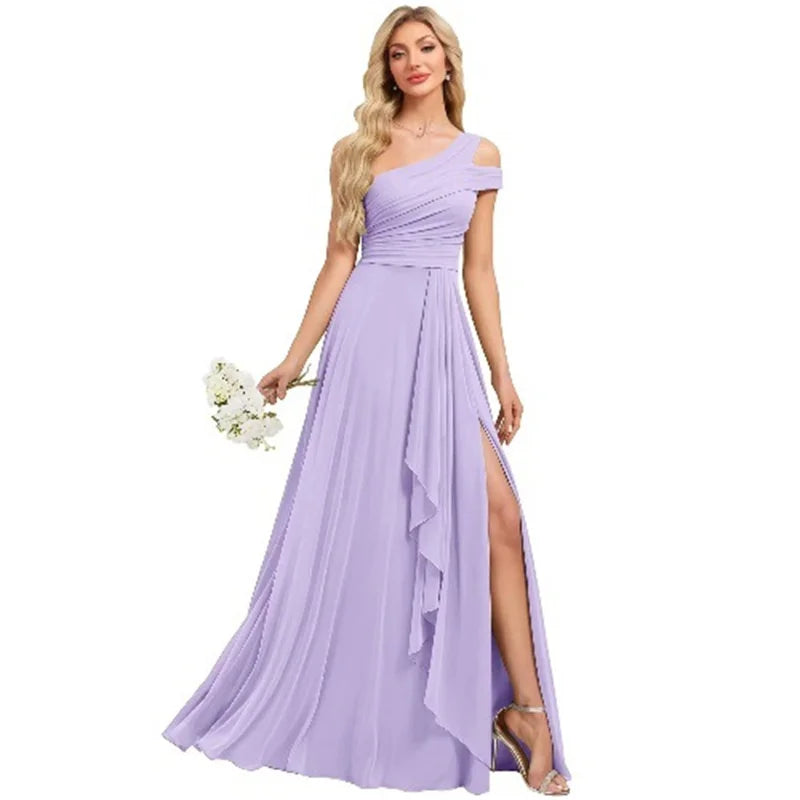 Robe de Demoiselle d'honneur en Mousseline Coupe Droite, Épaule Dénudée, Fendue, Plissée, Élégante pour Mariage, Soirée ou Bal, Dos Lacé