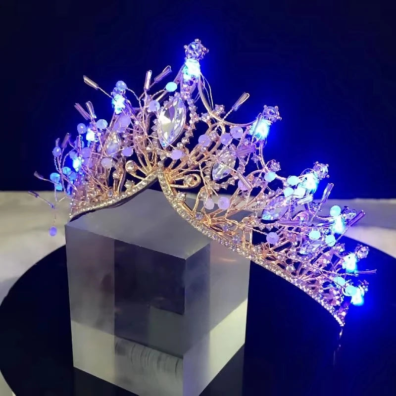 Light Up Bride Hair Accessories Alloy Crystal Party LED Glow Luminous Crown Rhinestone Tiara Flower Queen Wedding Festival Party