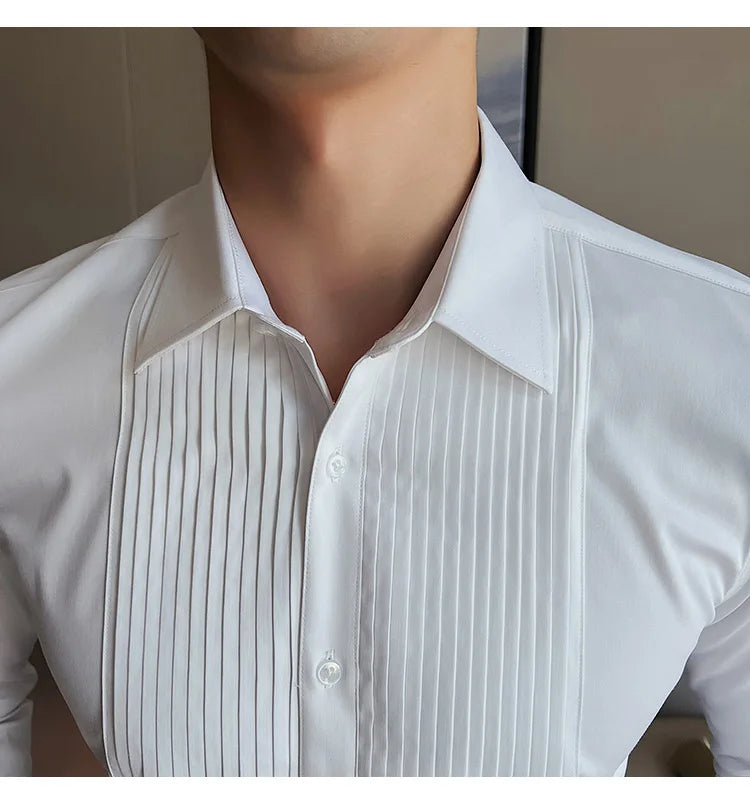 Men's Pleated Tuxedo Dress Shirt – Slim Fit Groom & Groomsmen Wedding Shirt