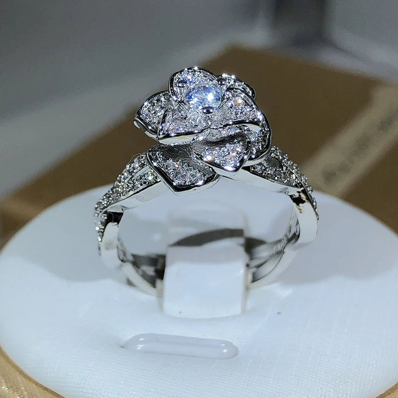 3D Rose Zircon Full Diamond Ring — 925 Sterling Silver