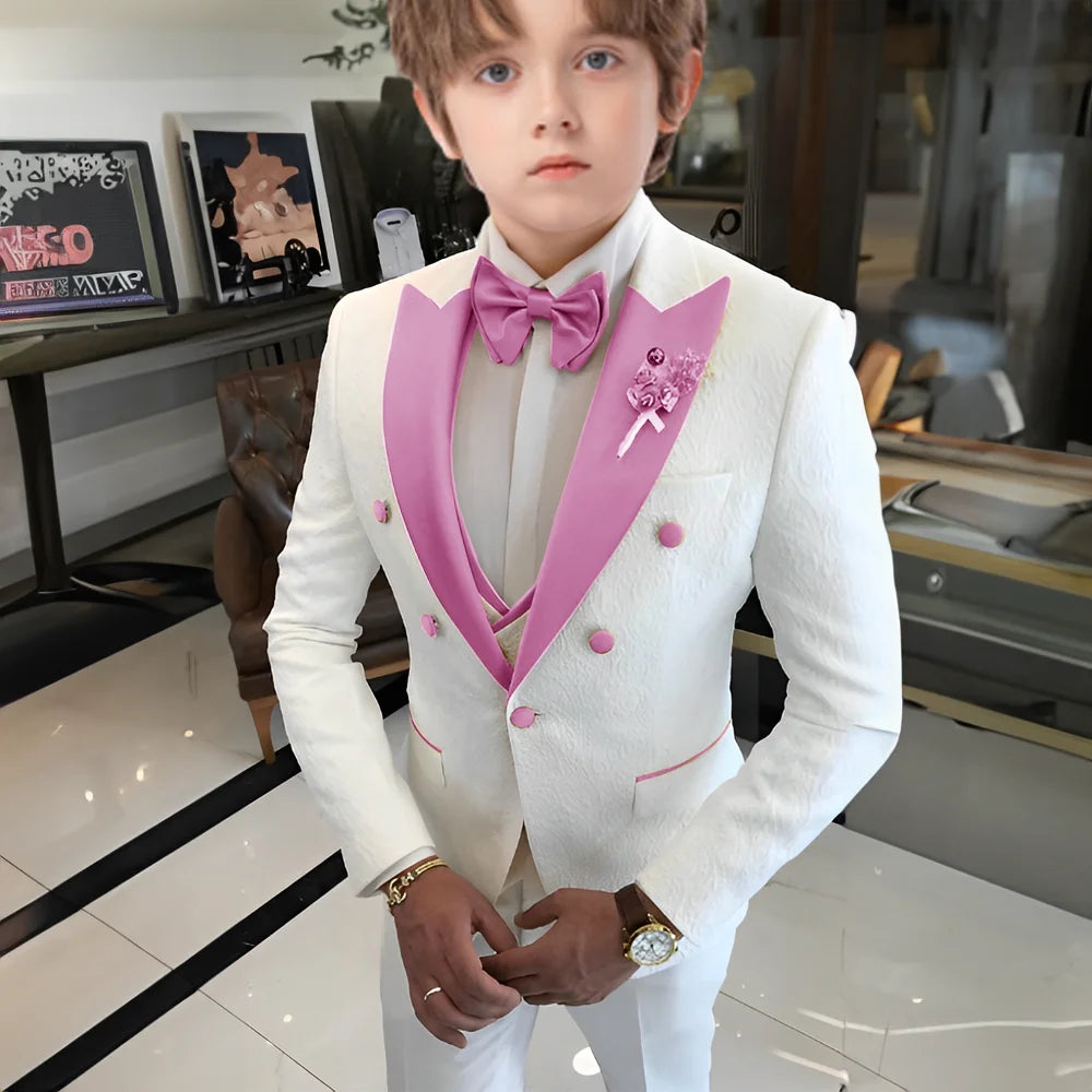 Costume jacquard blanc pour garçons, costume trois pièces pour mariage, smoking enfant 2025, nouveau design, veste, pantalon, gilet, robe sur mesure