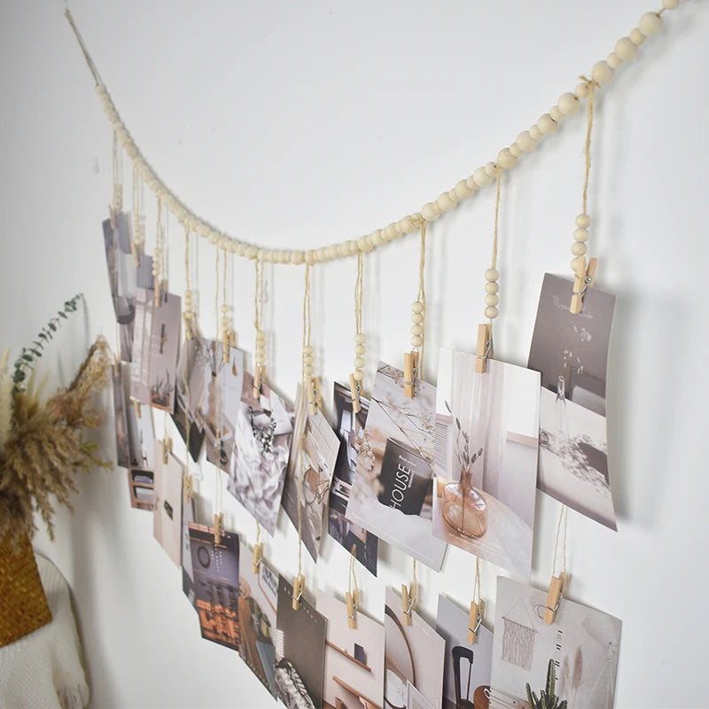 Décoration Murale Accrochable Photo, Décoration Bohème pour la Maison, Perles en Bois, Tapisserie Macramé Murale, Décoration de Chambre Esthétique, Cadeau
