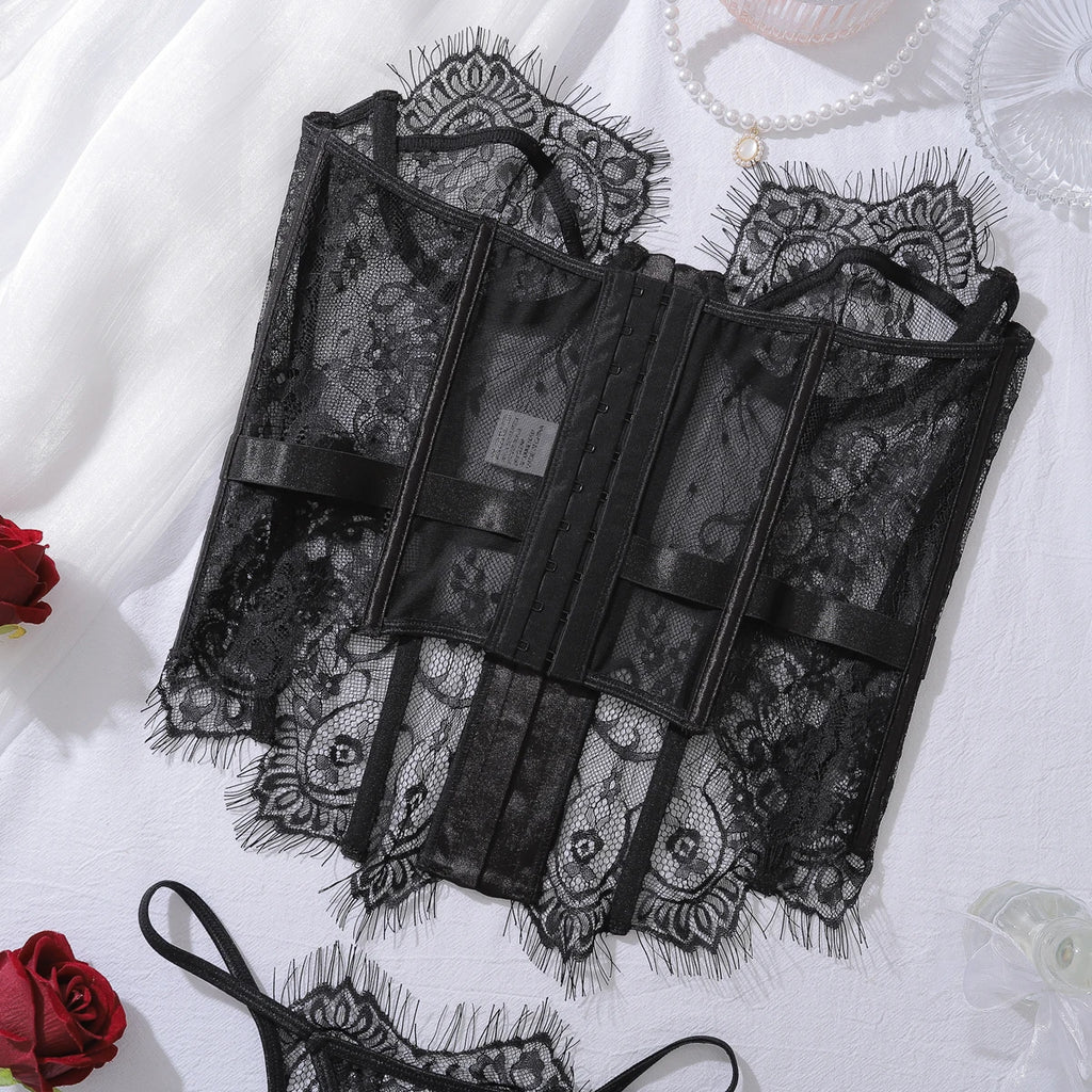 Ensembles de Lingerie Ellolace Palace Femme Corset Souple String Ensemble 2 Pièces Sexy Chaud Sans Bretelles Dentelle Fantaisie Décolleté Plongeant Sous-Vêtements Femme
