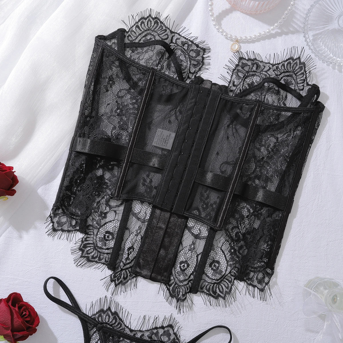 Ensembles de Lingerie Ellolace Palace Femme Corset Souple String Ensemble 2 Pièces Sexy Chaud Sans Bretelles Dentelle Fantaisie Décolleté Plongeant Sous-Vêtements Femme