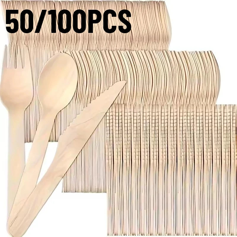 50/100 PIÈCES Cuillère, Fourchette et Couteau en Bois Jetables Couverts en Bois pour Gâteau, Crème Glacée, pour Mariage, Anniversaire, Fête