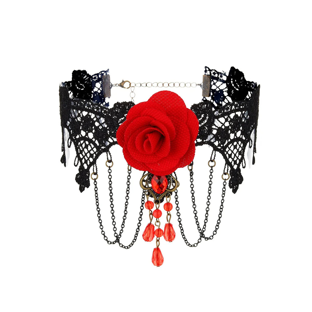 Collier ras-du-cou « rose épanouie en dentelle gothique » — style Lolita
