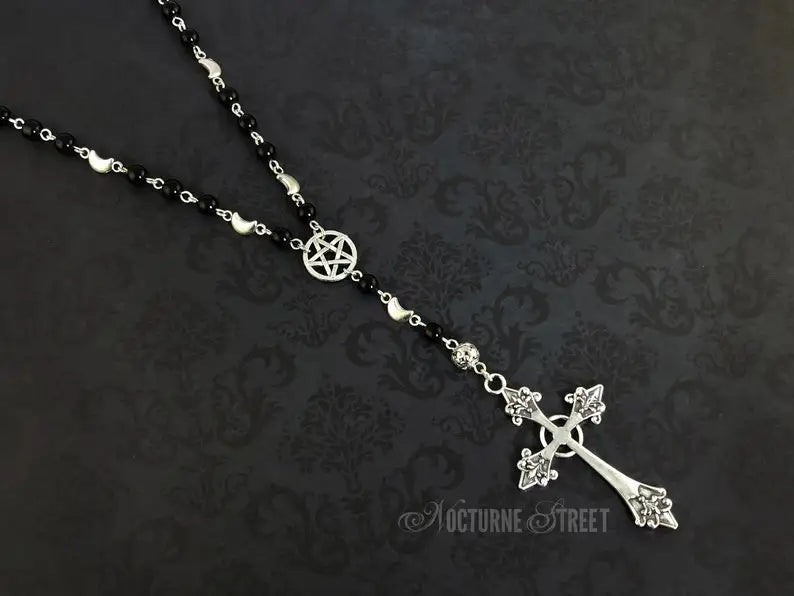 Gothic Rosary Necklace — Black Agate Pentagram & Cross Beaded