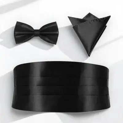 3Pcs Men's Cummerbund Bow Tie Pocket Handkerchief Set Adjustable Smooth Polyester Suit Accessory Prom Wedding Formal Party