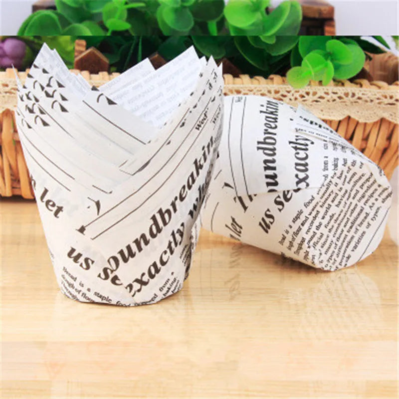 50x caissettes à cupcake de style journal, pour pâtisserie, mariage, caissettes tulipe, moule à muffins, papier sulfurisé, emballage de gâteau résistant à l'huile