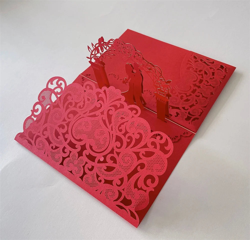 6 Pièces/Lot 3D Pop Up Mariés Ivoire Carte d'invitation de mariage Laser Poche Florale Douche nuptiale Invitations de fiançailles