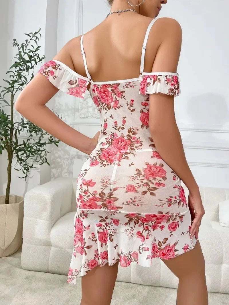 Robe de Nuit Adulte Sexy Jacquard Épaules Dénudées pour Femmes Lingerie Nuisette Pyjama
