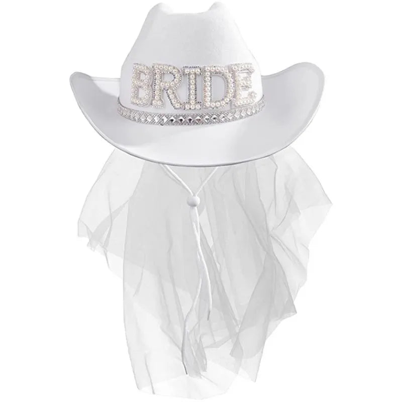 Bride Cowboy Veil Hat Country Western Barn Space Disco Wedding Cowgirl Bach Bachelorette Hen Party Bridal Shower Decoration Gift