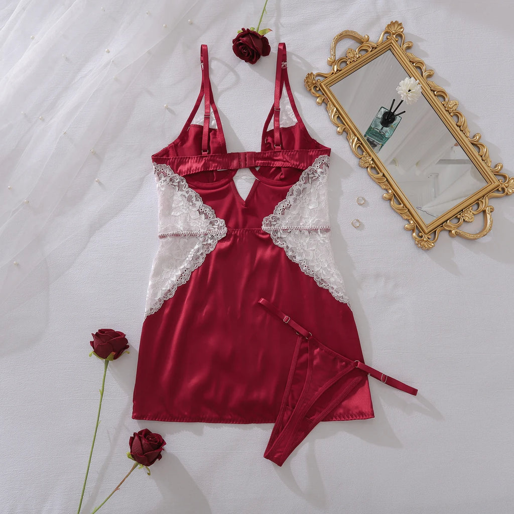 Ellolace Robe en satin sexy à col en V profond Lingerie sexy en dentelle patchwork fendue Robe de nuit sissy Robe nuisette en soie pour femmes