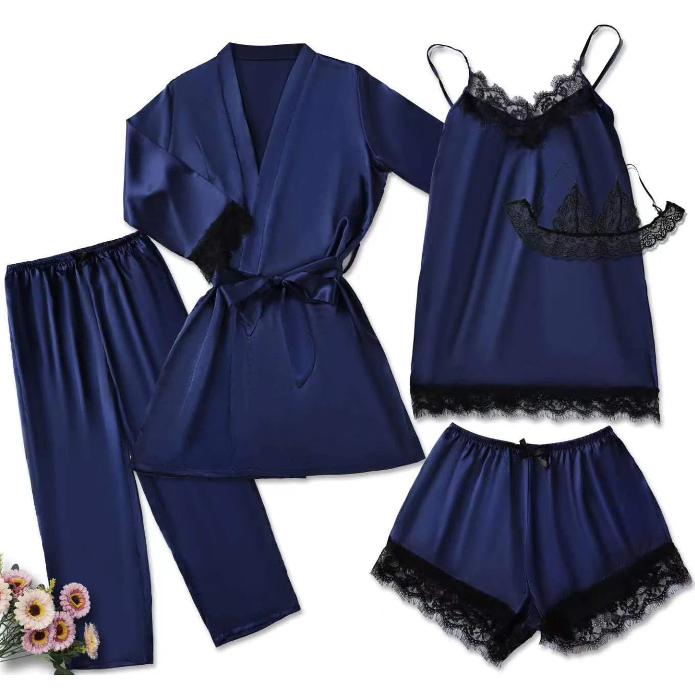 Ensemble de pyjama en satin pour femme, rose, lingerie sexy, robe de chambre, patchwork en dentelle, nuisette en soie, pantalon, vêtements de nuit pour la maison