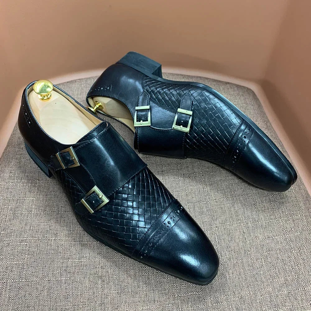 Classic Mens Dress Shoes Genuine Leather Double Buckle Monk Strap Cap Toe Blue Black Wedding Business Formal Suit Shoes for Men