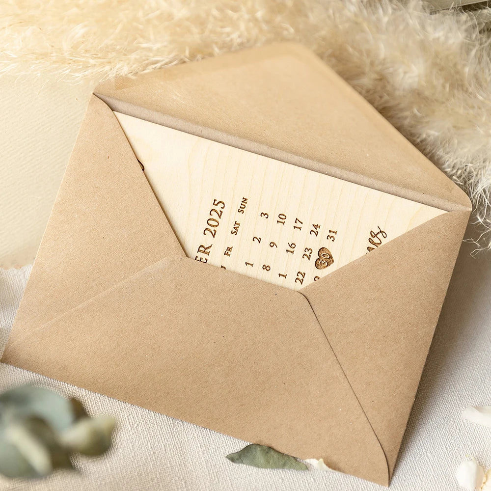 Faire-part de mariage personnalisé en bois/acrylique découpé au laser avec calendrier gravé et enveloppe écologique