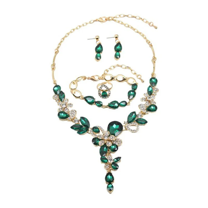 Green Crystal 4-Piece Bridal Jewelry Set — Necklace, Bracelet, Earrings & Ring