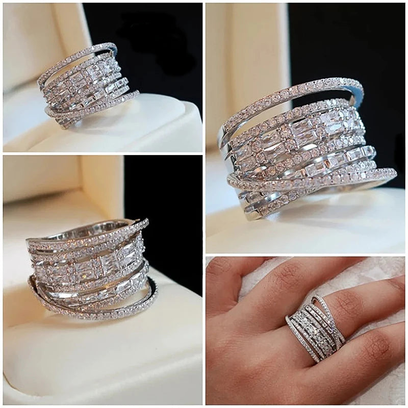 Bague multicouche en zircone brillante Huitan, bijou de luxe pour femmes, parfait pour les mariages et les fêtes, accessoire élégant pour les doigts.