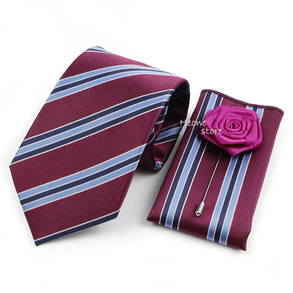 Men's Striped Necktie, Pocket Square & Brooch Set | Groom & Groomsmen Wedding Accessory